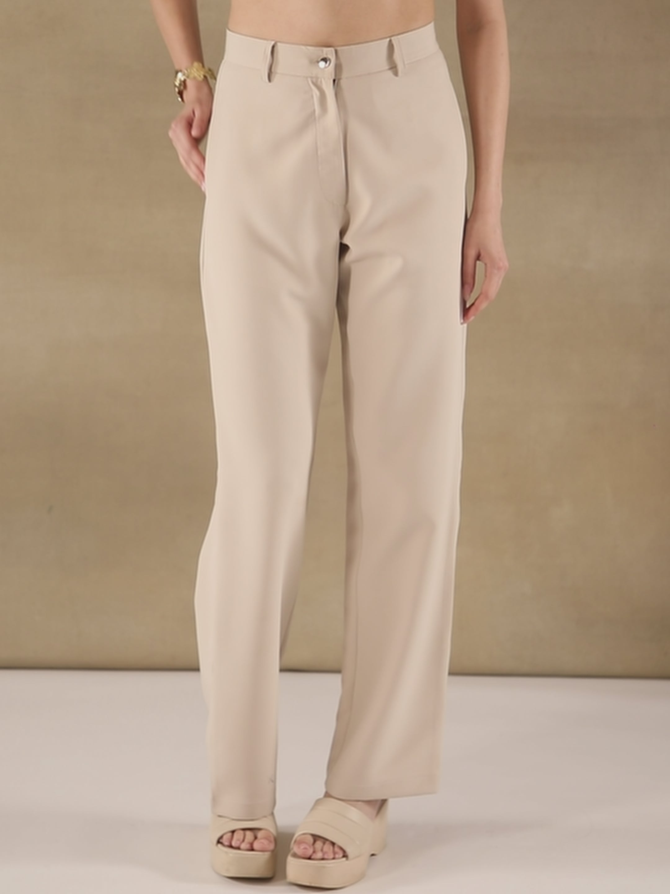 Beige High Waist Straight Leg Pants