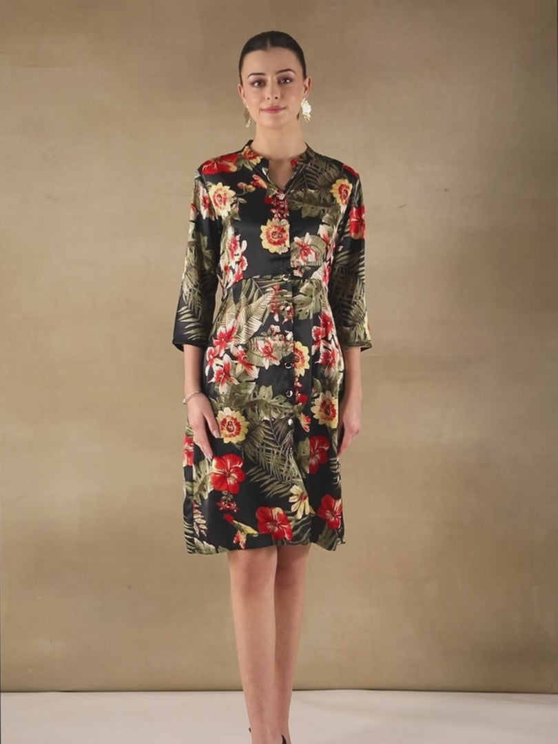 Palm Breeze Black Midi Satin Dress