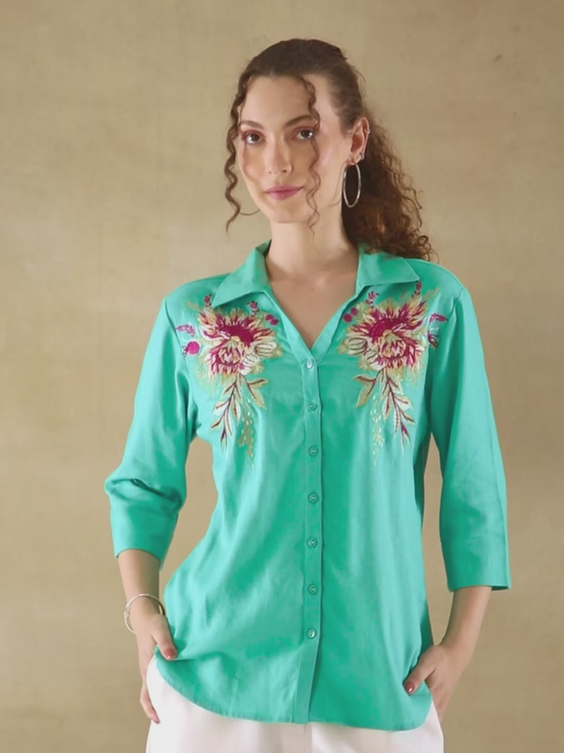 Linen Blossom Embroidered Mint Shirt