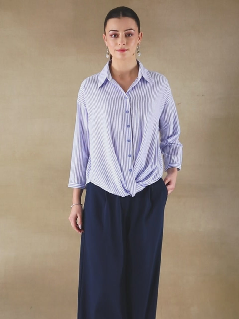 Gingham Front Knot Blue Shirt