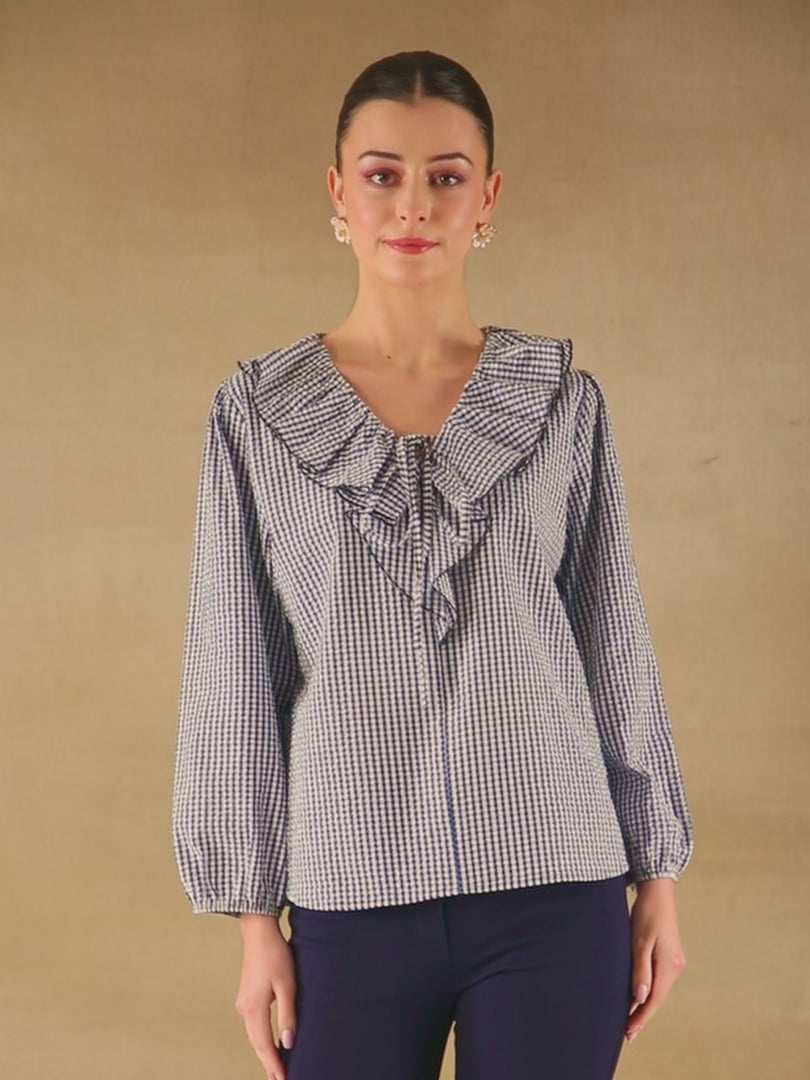 Ghingham Check Front Frill Navy Top