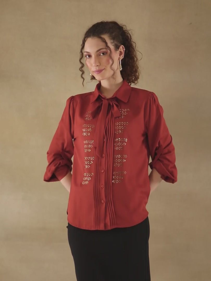 Rust Linear Swarovski Tie-up Shirt
