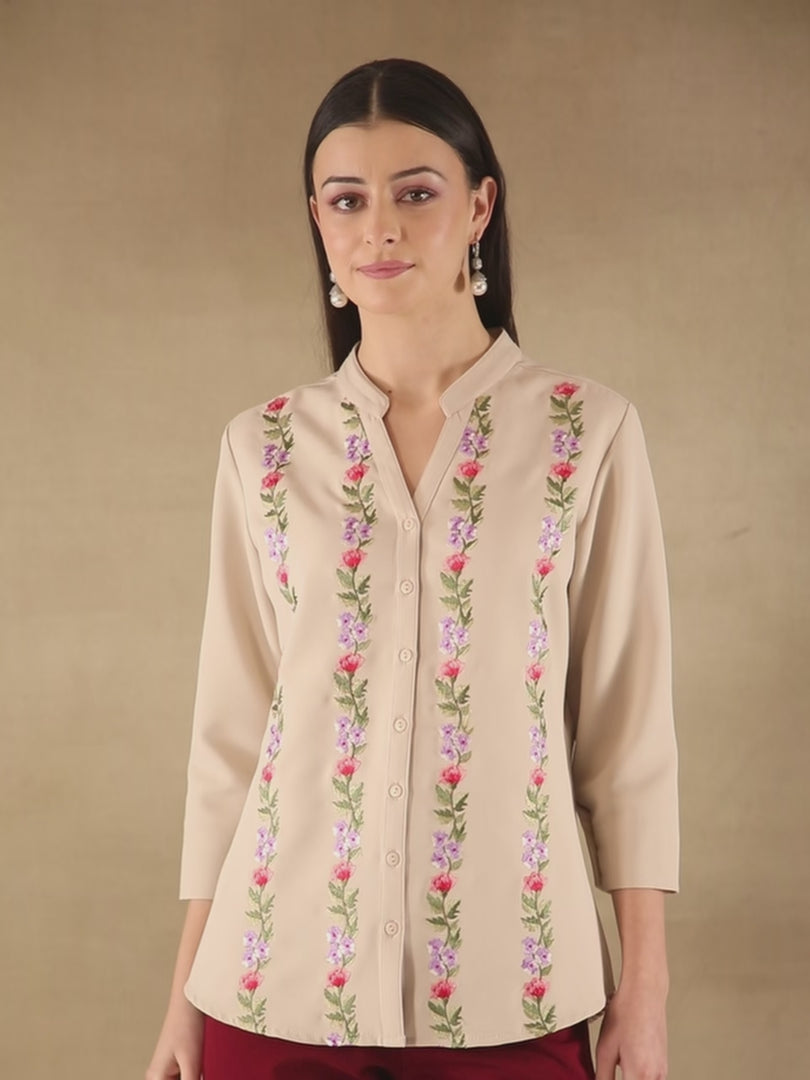 Panelled Embroidery Beige Shirt