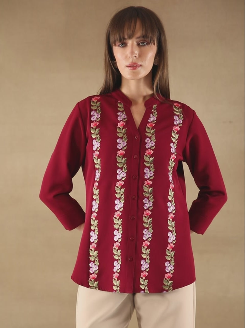 Panelled Embroidery Maroon Shirt