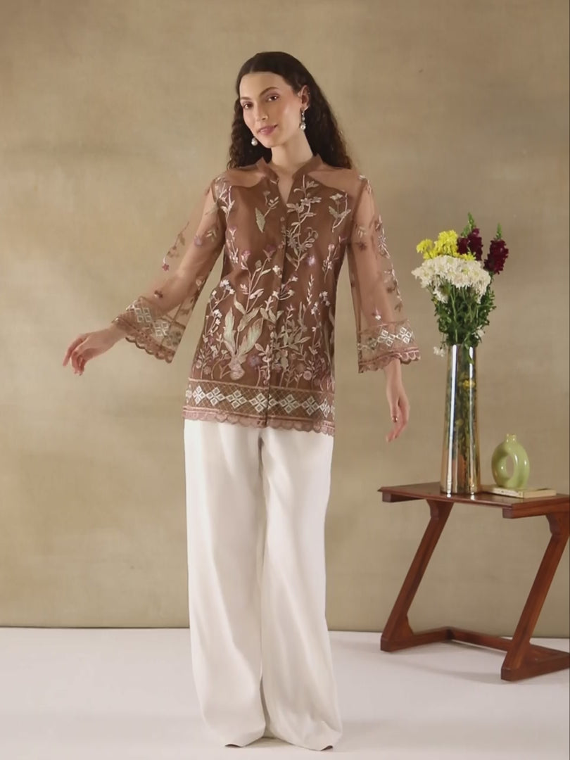 Mocha Bloom Embroidered Sheer Shirt