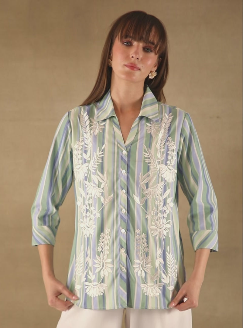 Embroidered Cotton Aqua Stripe Shirt