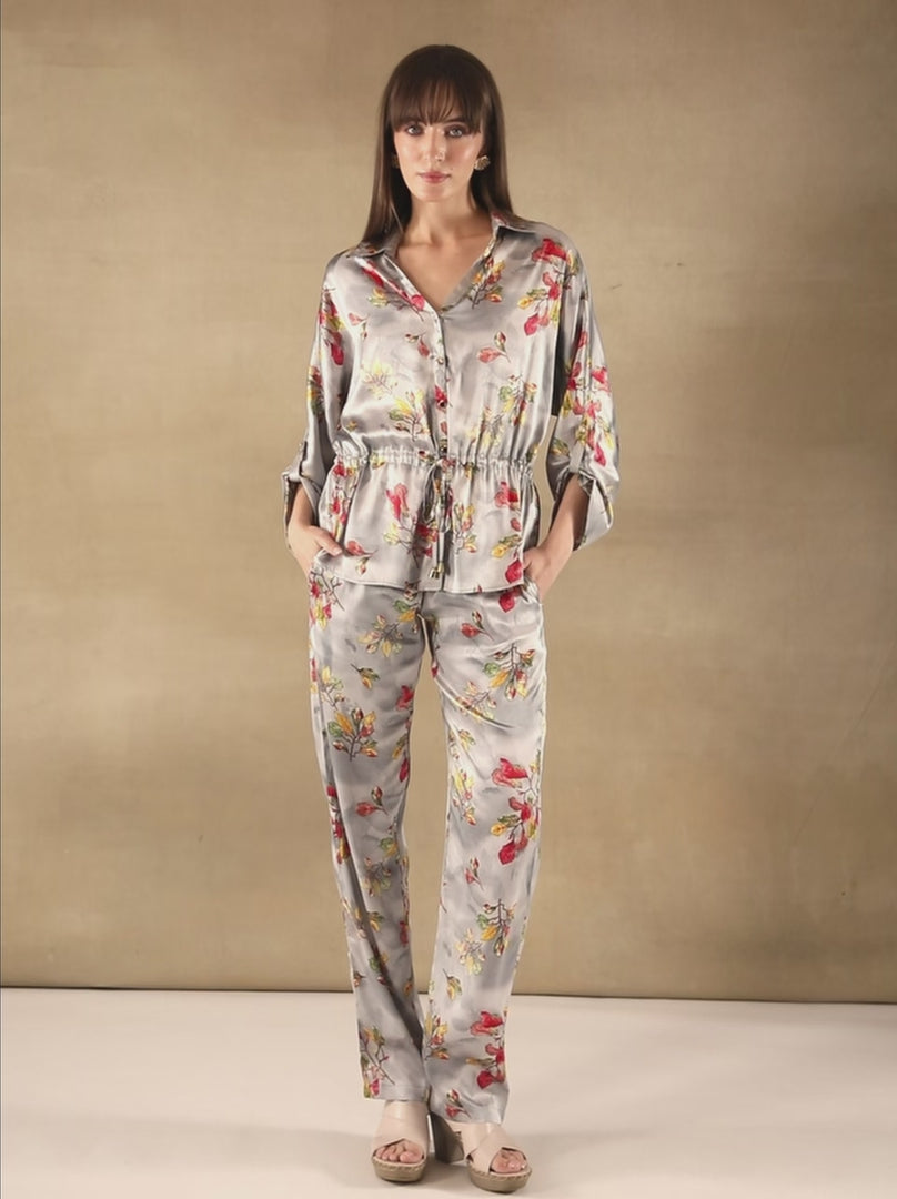 Floral Drawstring Waist Grey Co-ord Set
