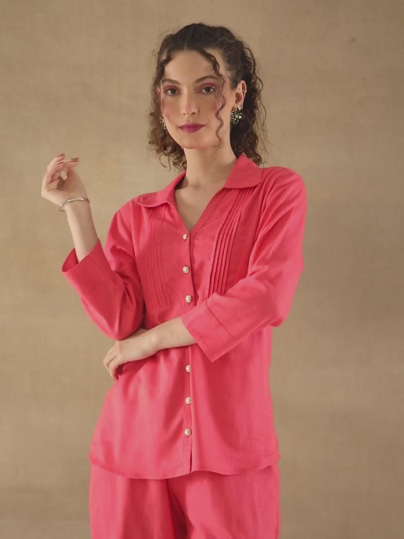 Coral Linen Yoke Pintuck Co-ord Set
