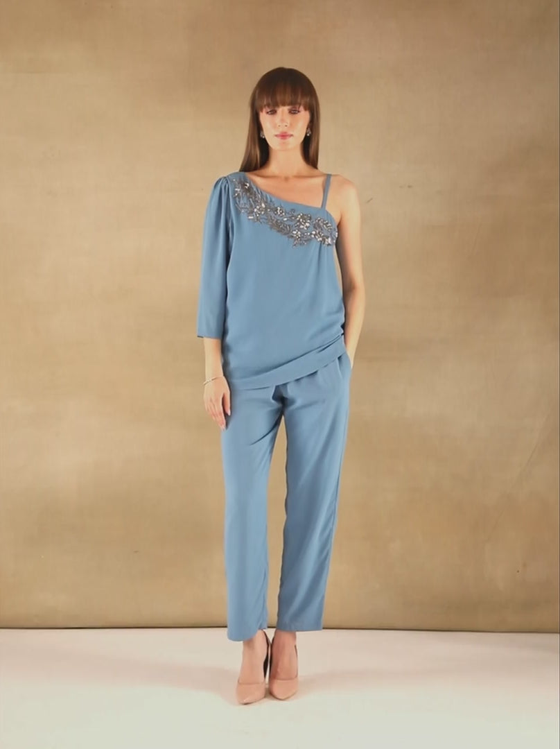 One-Sleeve Embellished Mist Co-ord Set