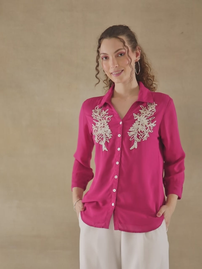 White Bead Embellished Dark Pink Shirt