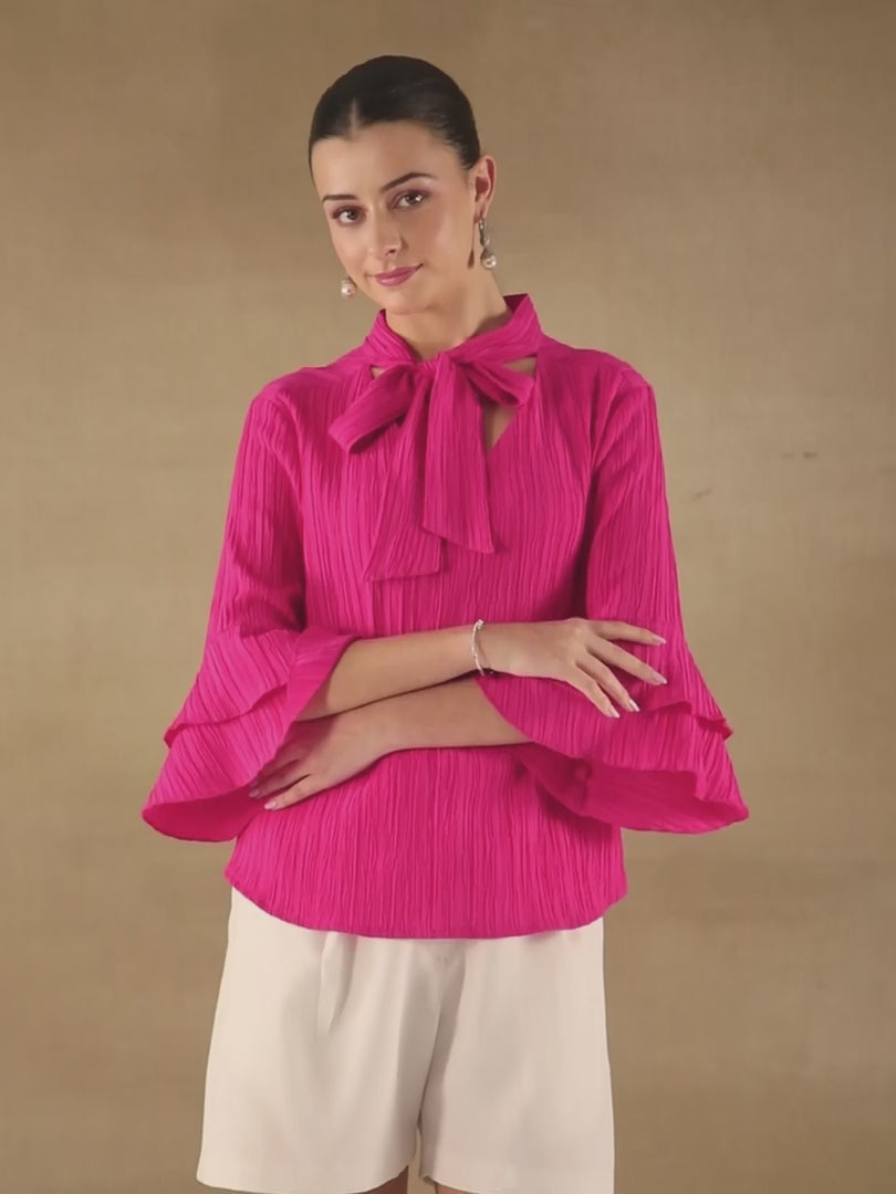 Pleated Bell Sleeve Magenta Top