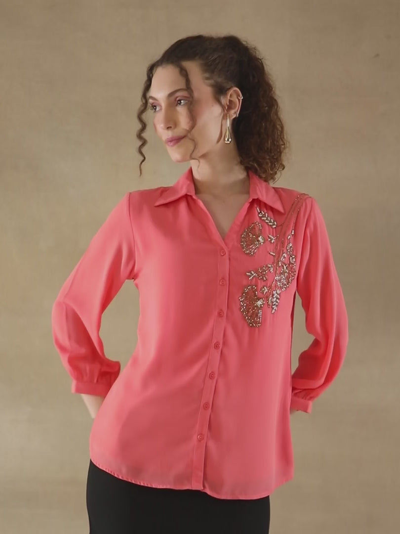 Coral Triple Flower Sequin Shirt