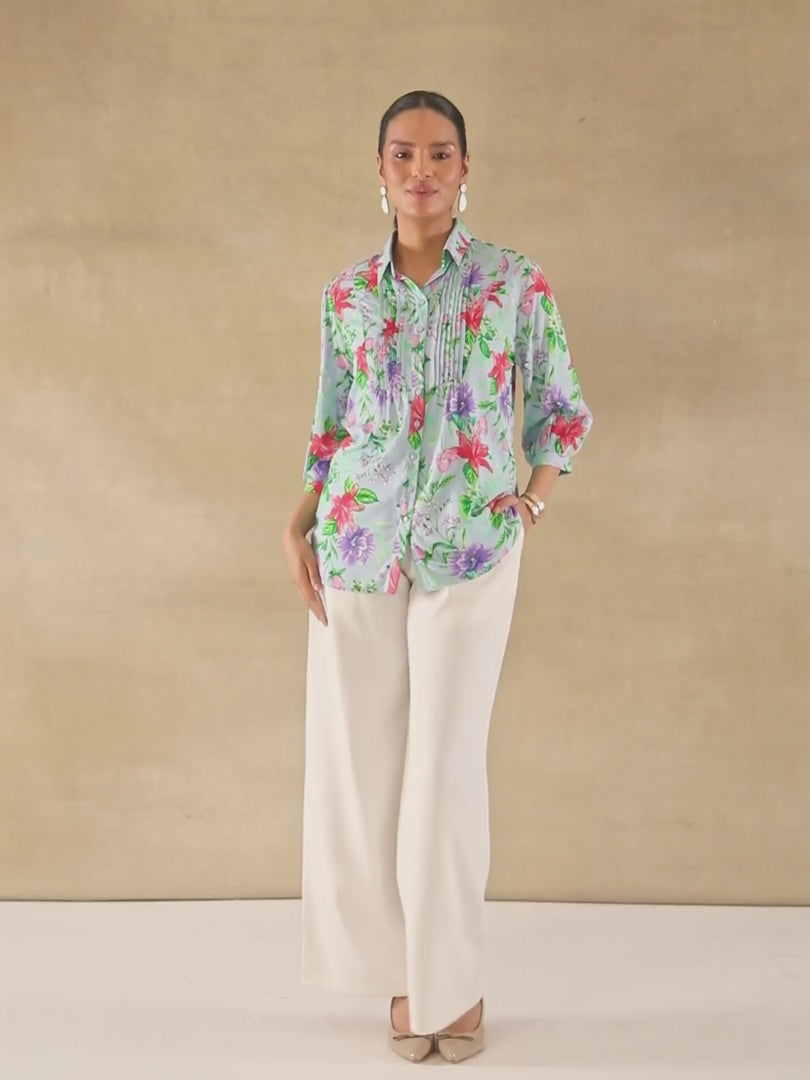 Floral Pintuck Blue Shirt