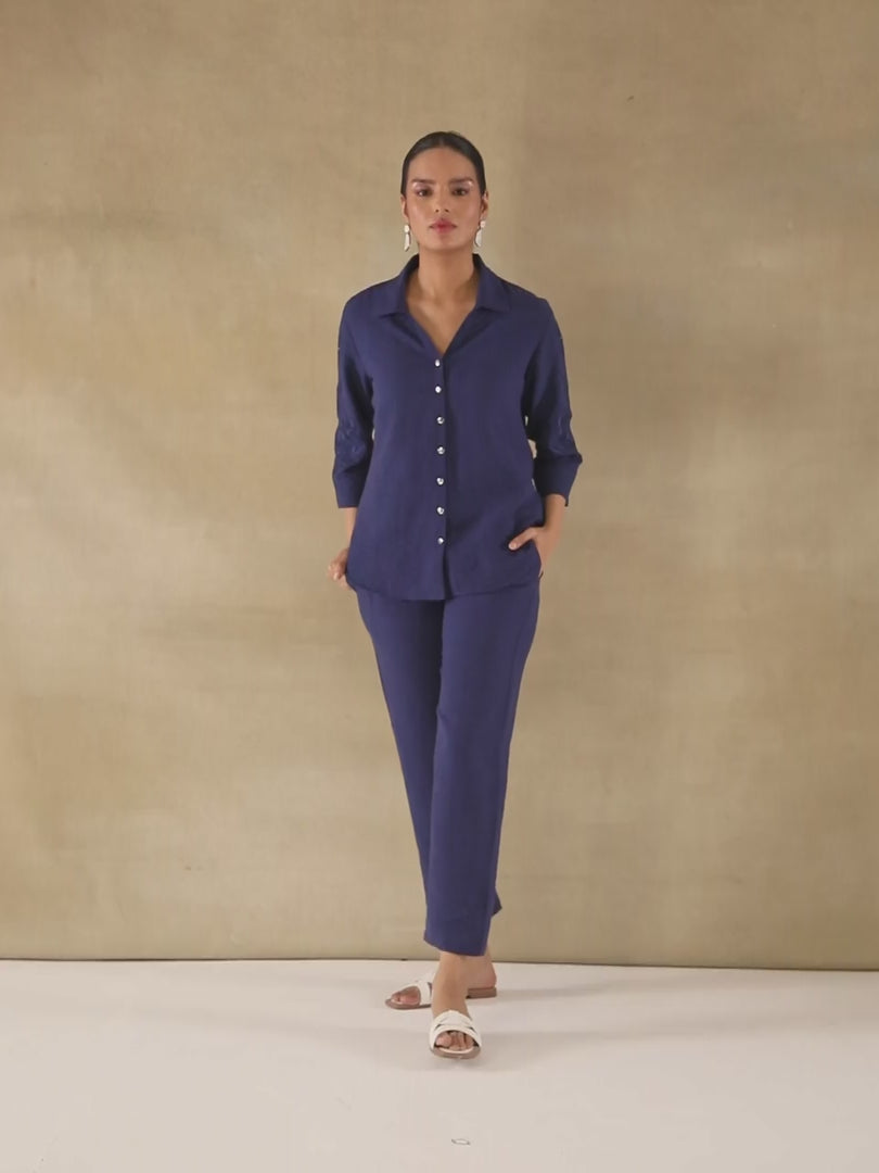 Navy Crushed Linen Embroidered Co-ord Set