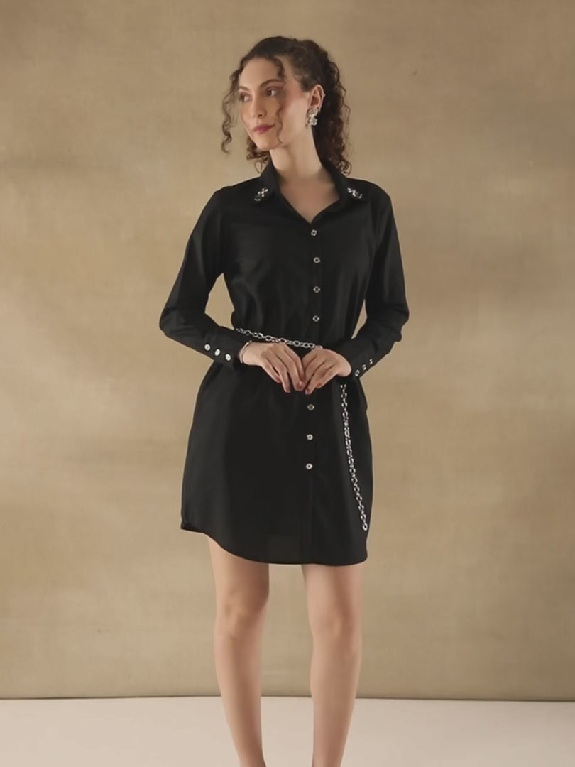 Rhinestone Collar Black Shirt Dress