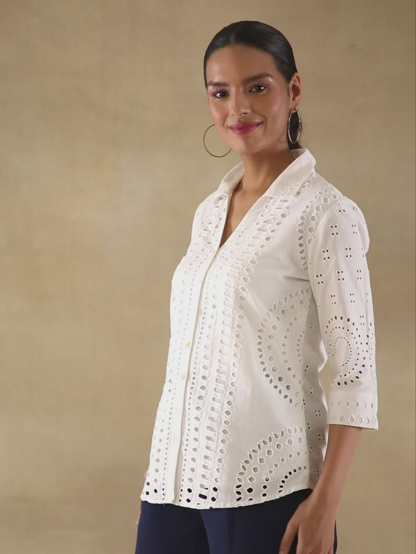 Ivory Cutwork Cotton Schiffli Shirt