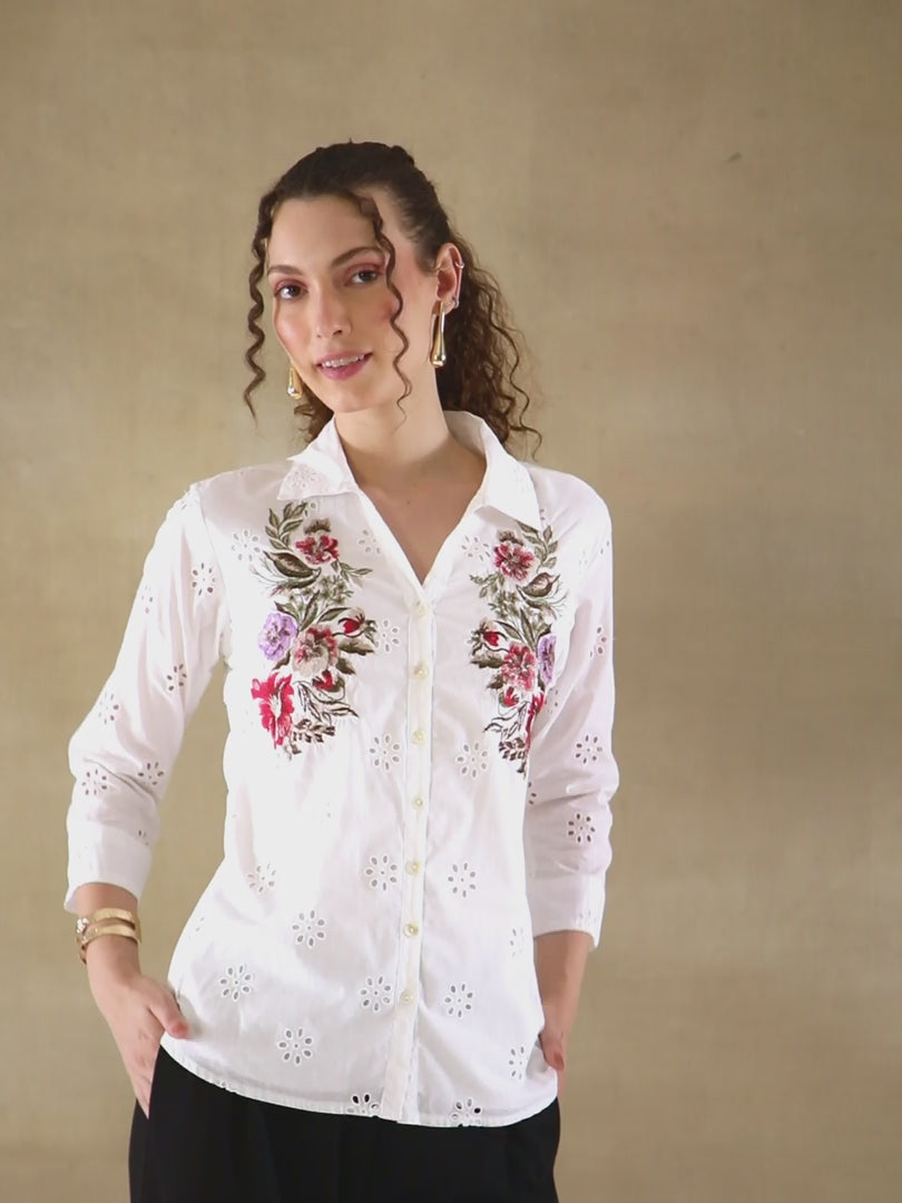 White Schiffli Floral Embroidery Shirt