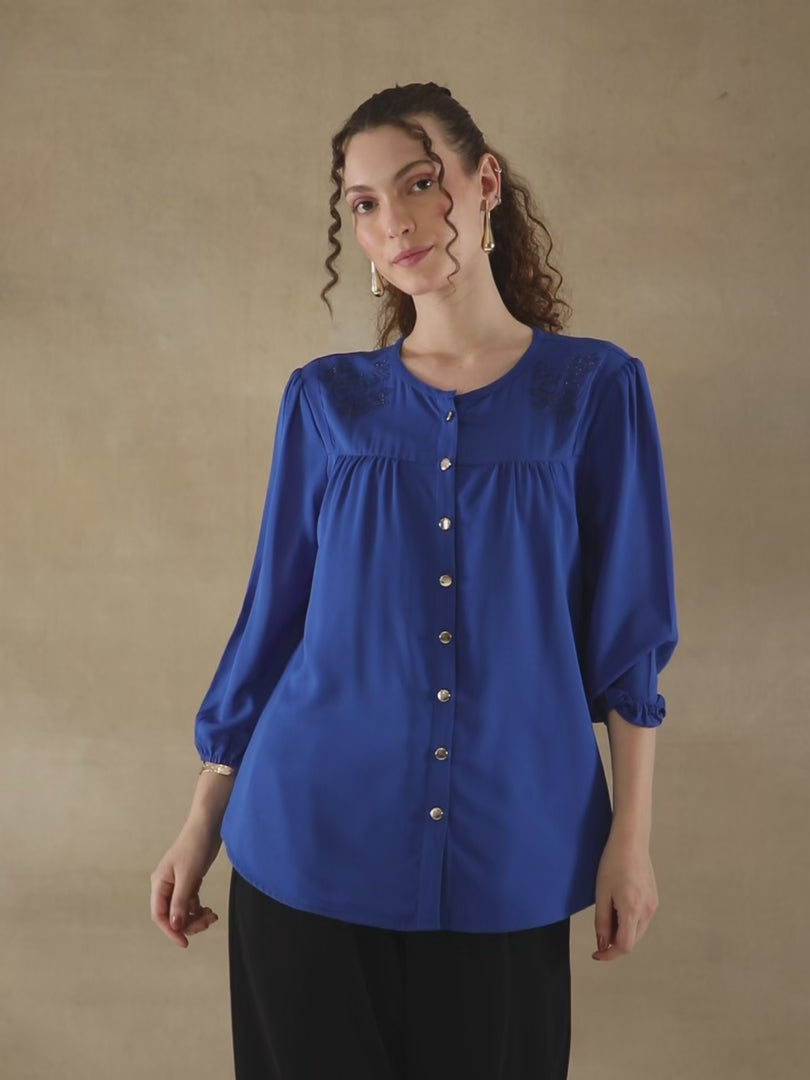 Swarovski Round Neck Blue Top