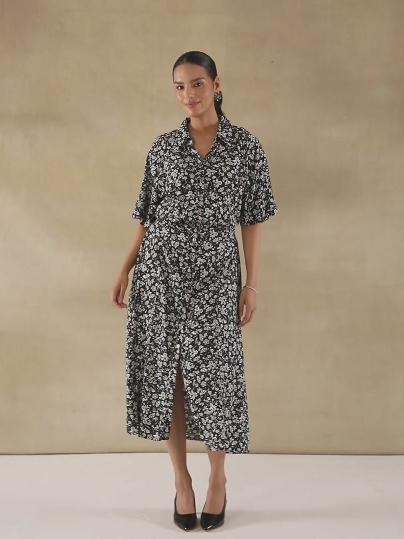 Monochrome Floral Shirt Midi Dress