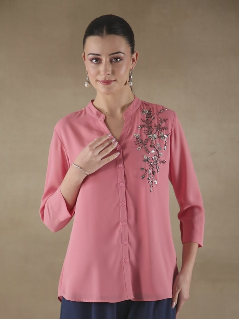Fern Sequins Georgette Coral Shirt