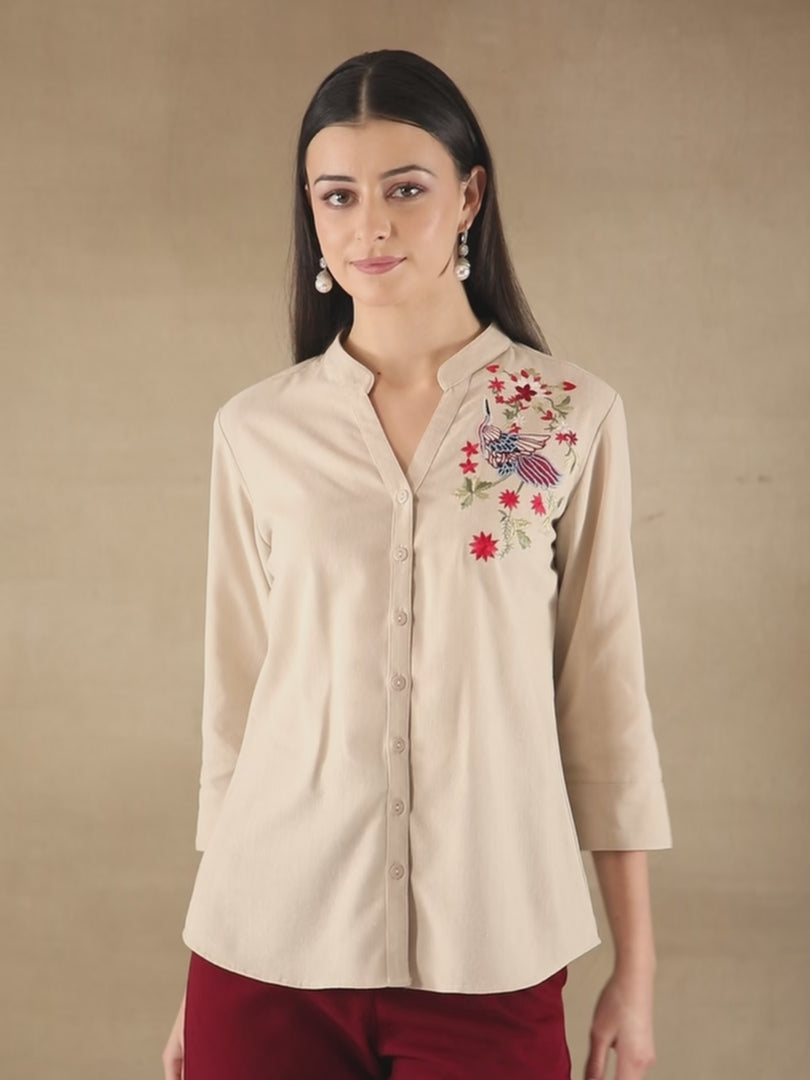 Linen Bird Embroidered Beige Shirt