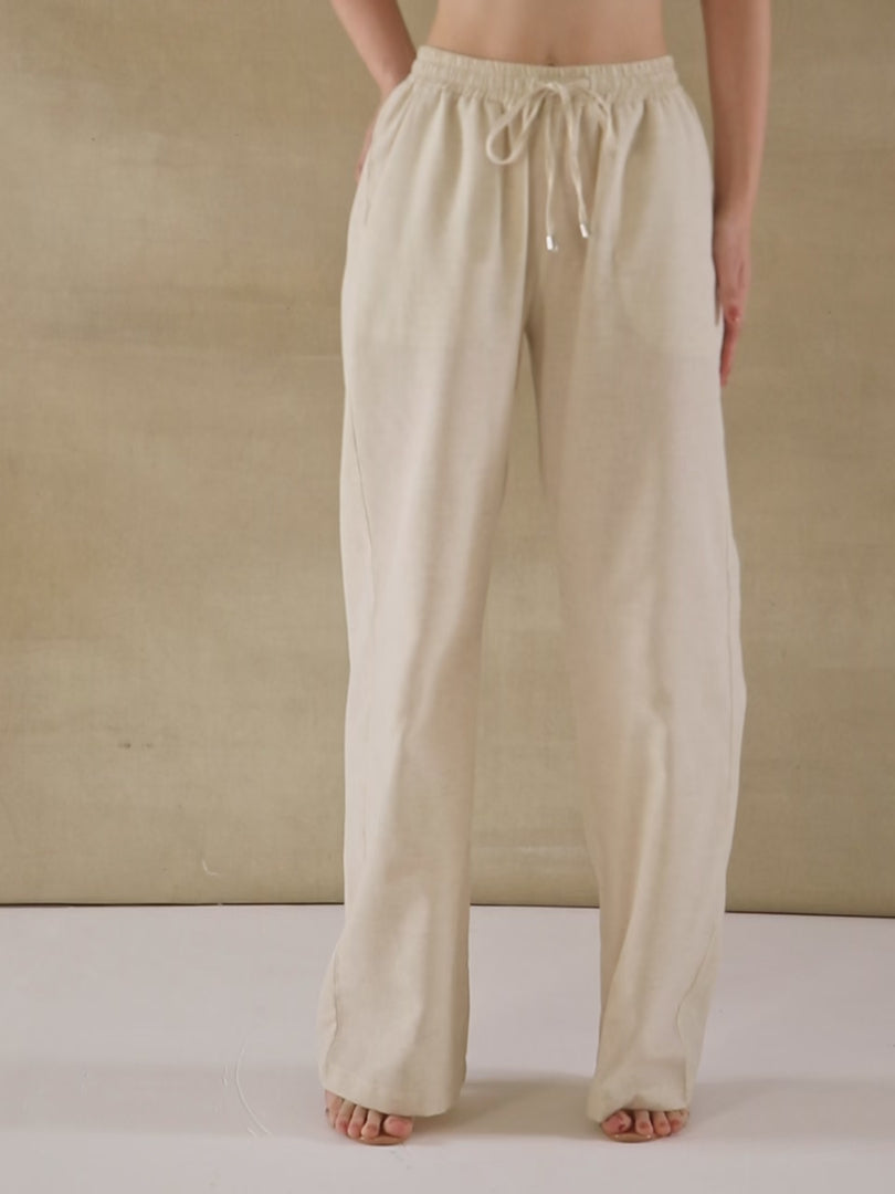 Beige Drawstring Linen Pants