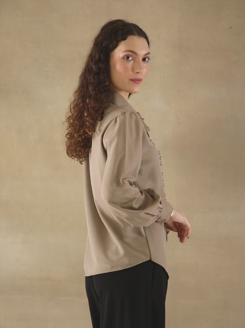 Taupe Linear Crystal Tie-up Shirt