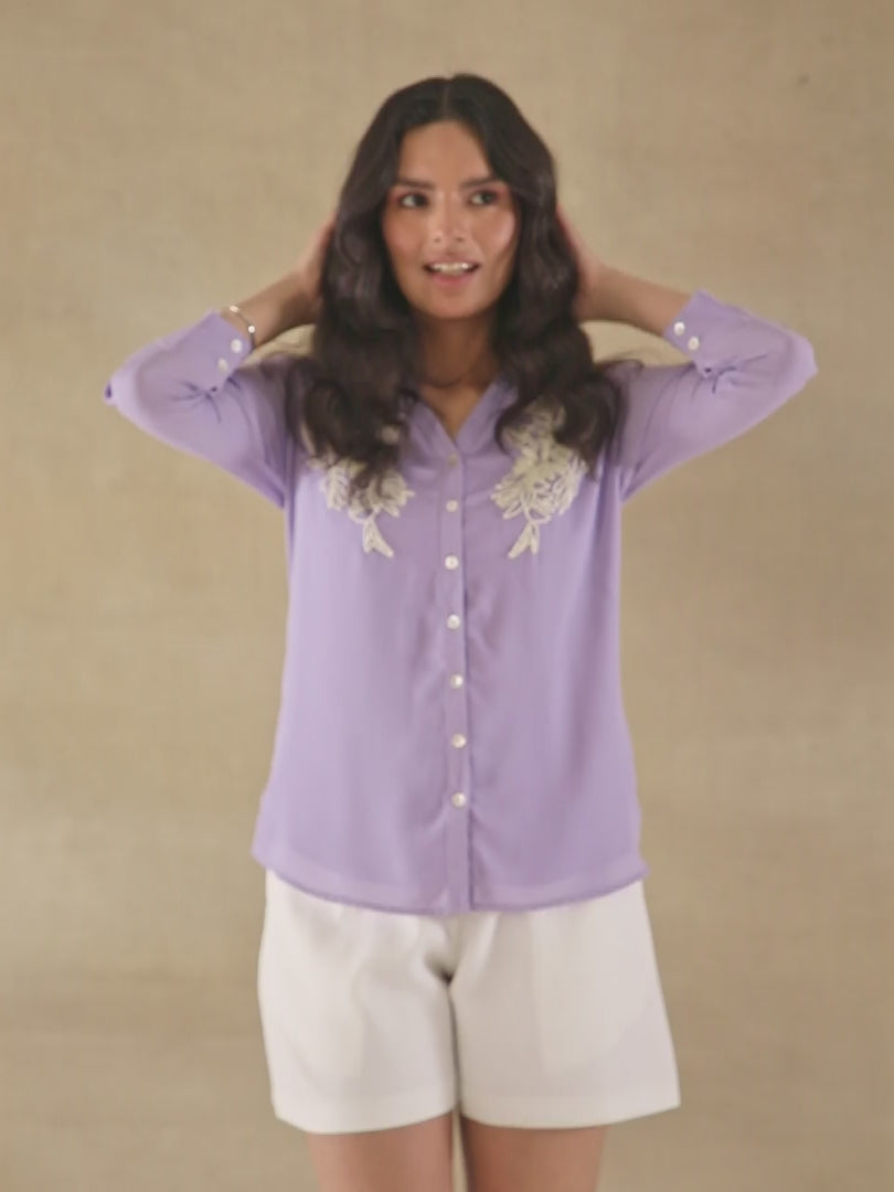 White Bead Embellished Lilac Shirt
