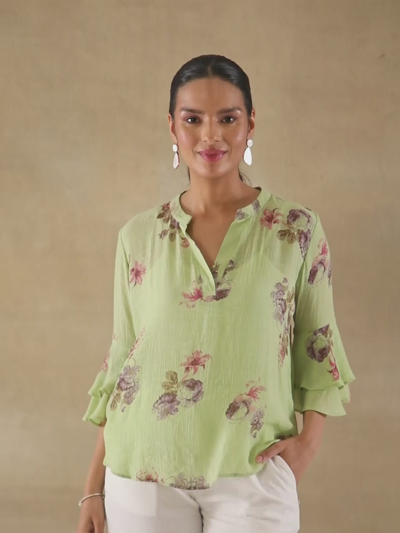 Pistachio Floral Printed Bell Sleeve Top