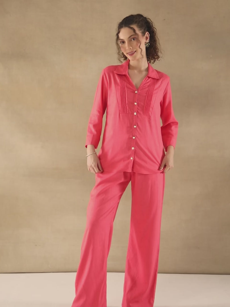 Coral Linen Yoke Pintuck Shirt