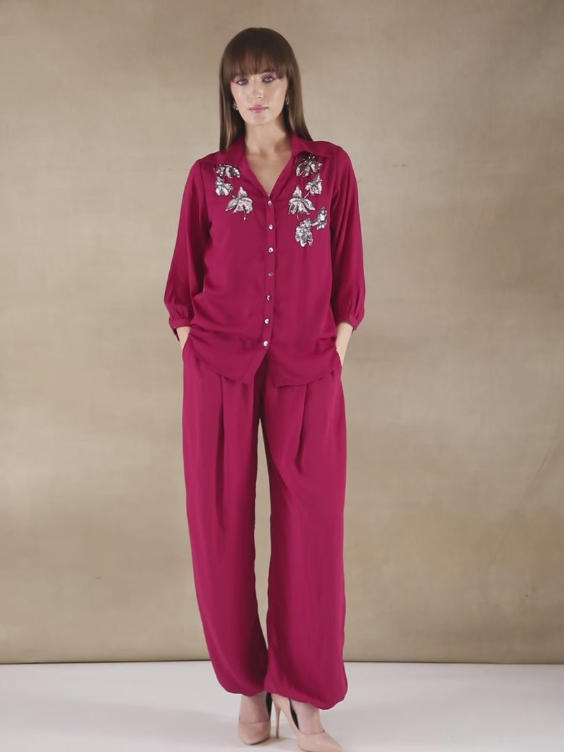 Butterfly Sequins Burgundy Shirt