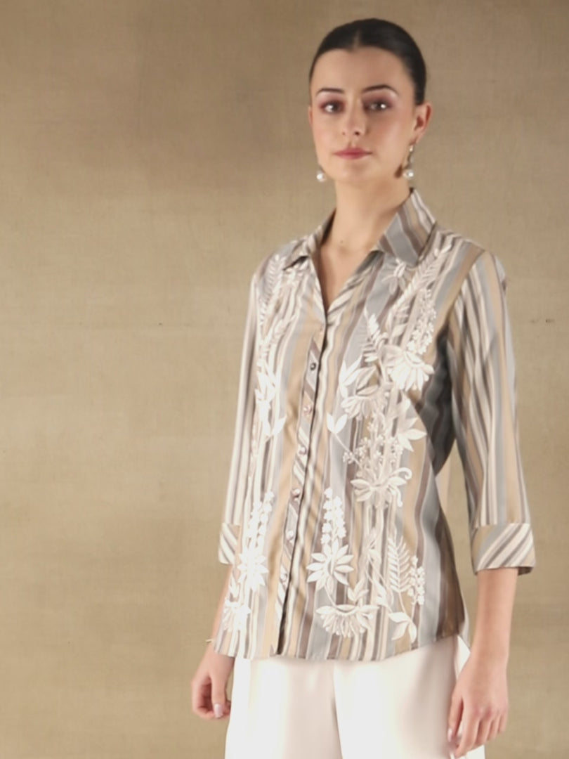 Embroidered Cotton Beige Stripe Shirt