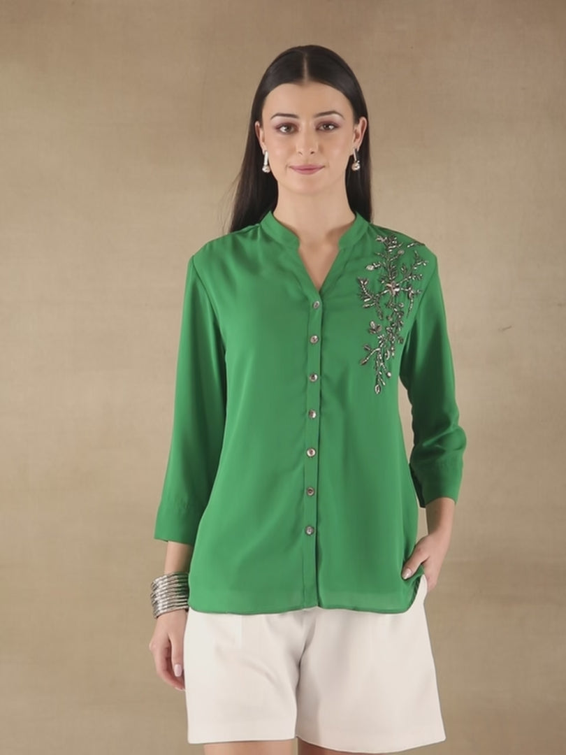 Fern Sequins Georgette Green Shirt