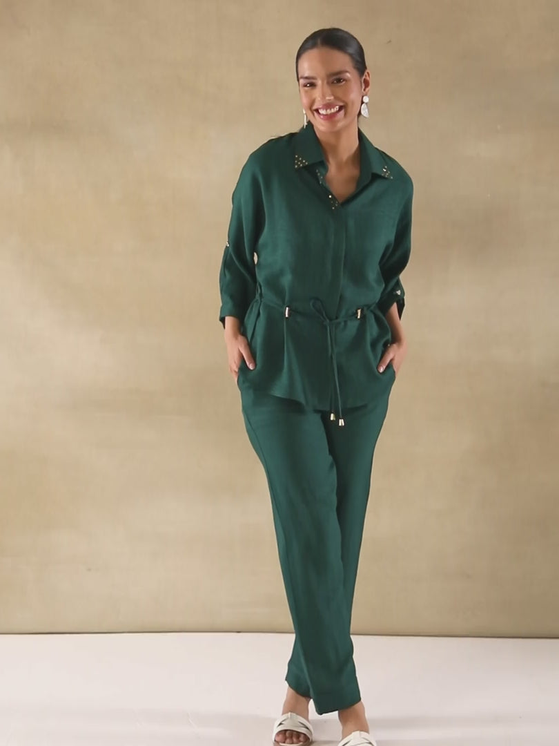 Bottle Green Swarovski Linen Co-ord Set