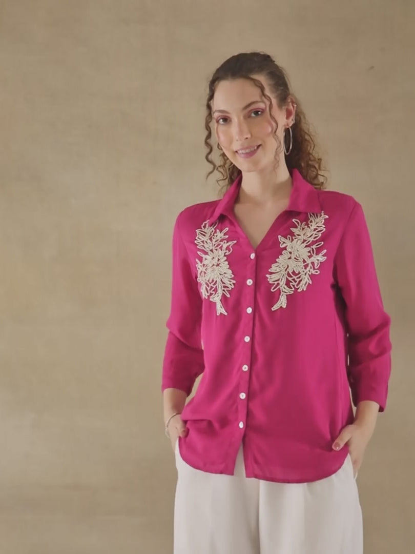 White Bead Embellished Dark Pink Shirt