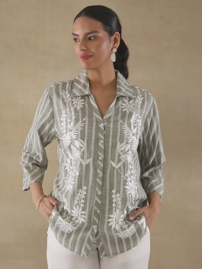Embroidered Stripe Olive Linen Shirt