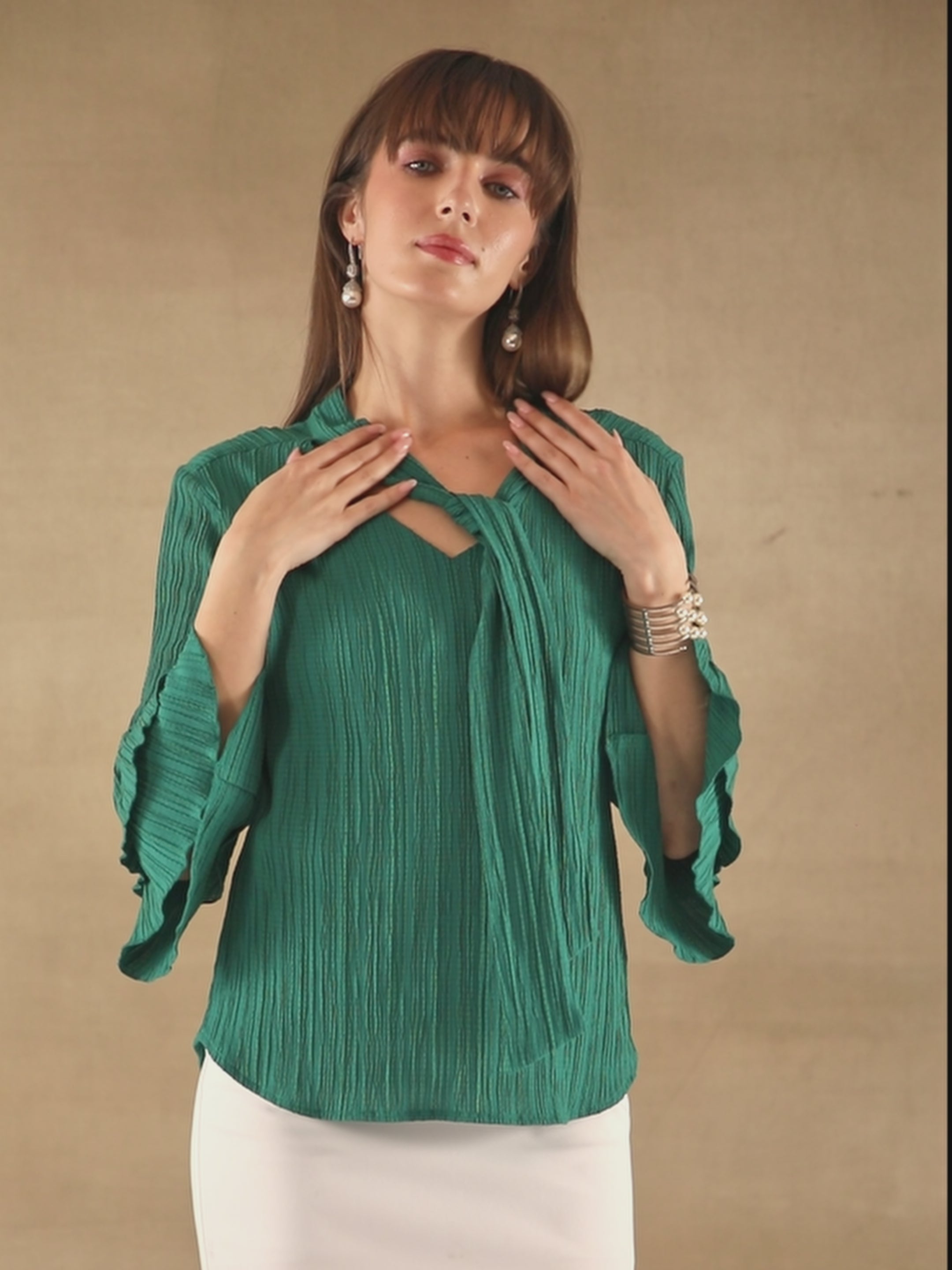 Pleated Bell Sleeve Teal Top