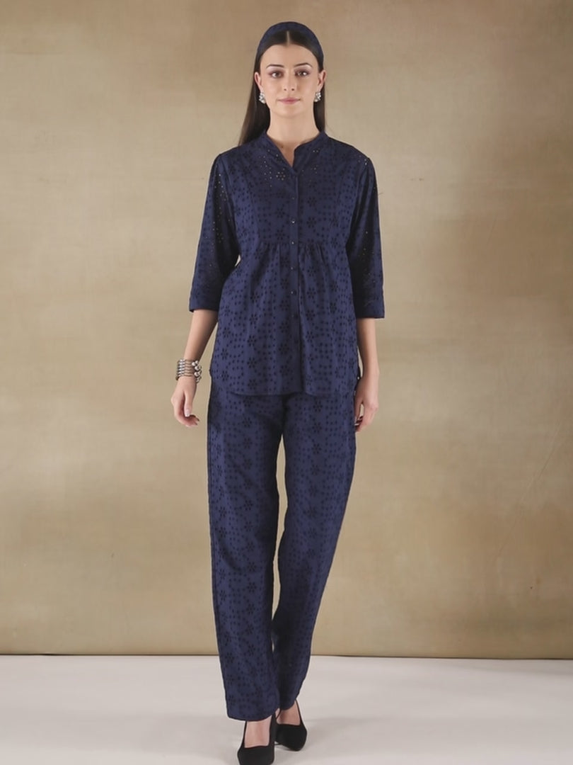 Navy Blue Schiffli Co-ord Set