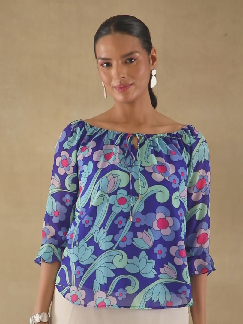 Cobalt Floral Tie-Up Top