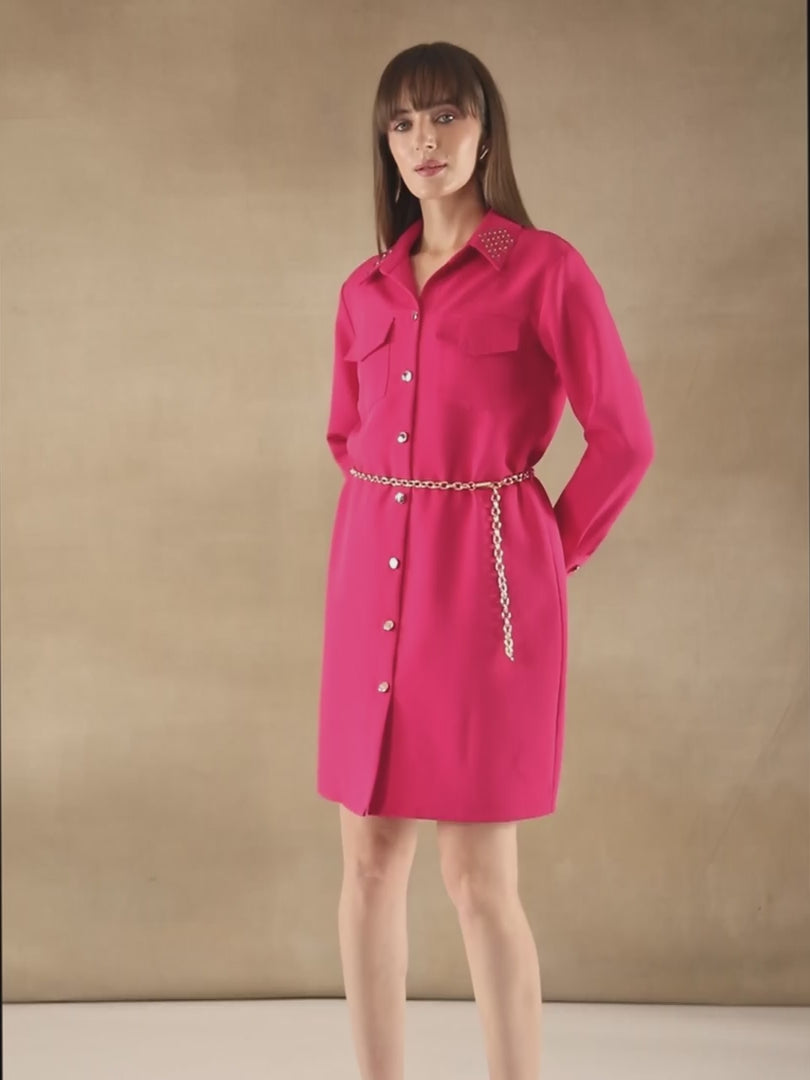 Sequins Collar Fuchsia Shirt Dress