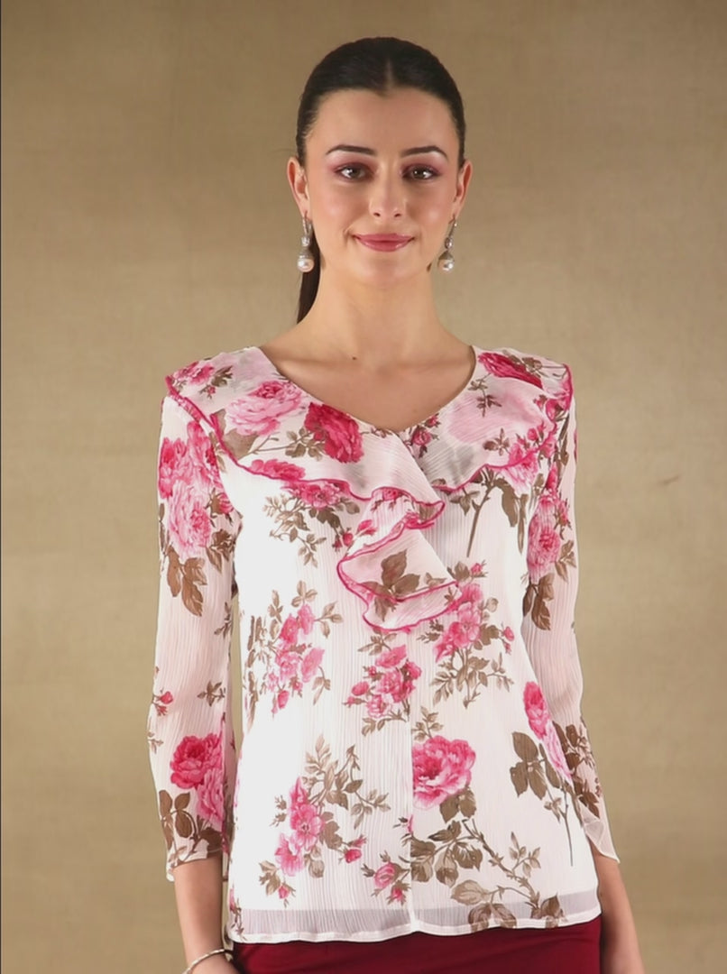 Front Frill Chiffon Crimson Top