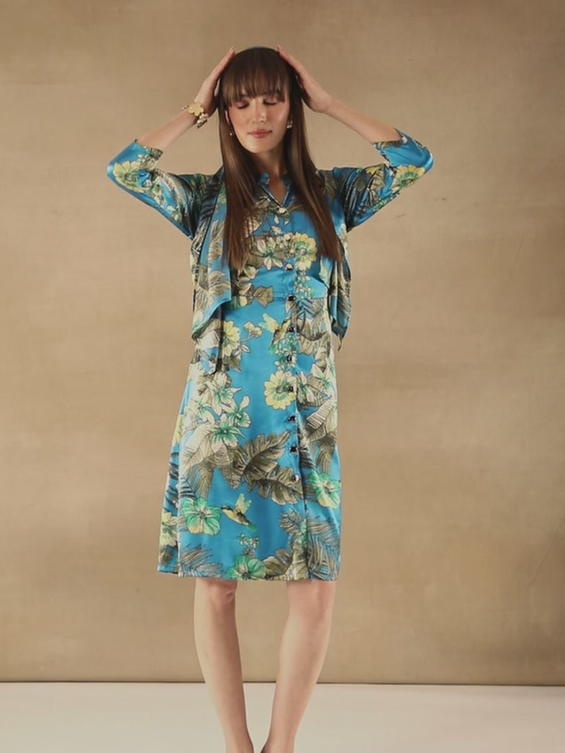 Palm Breeze Azure Midi Satin Dress