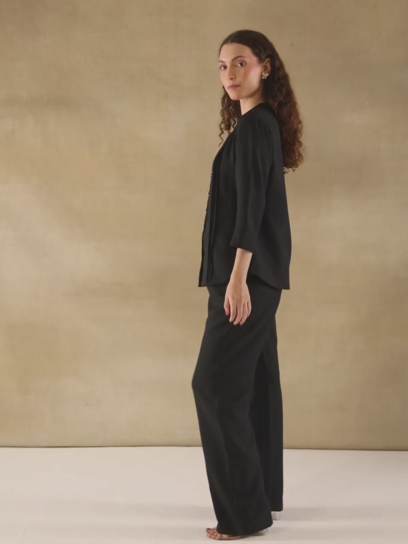 Melange Linen Triple Pintuck Black Shirt