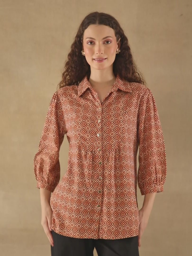 Rust Diamond Print Linen Shirt