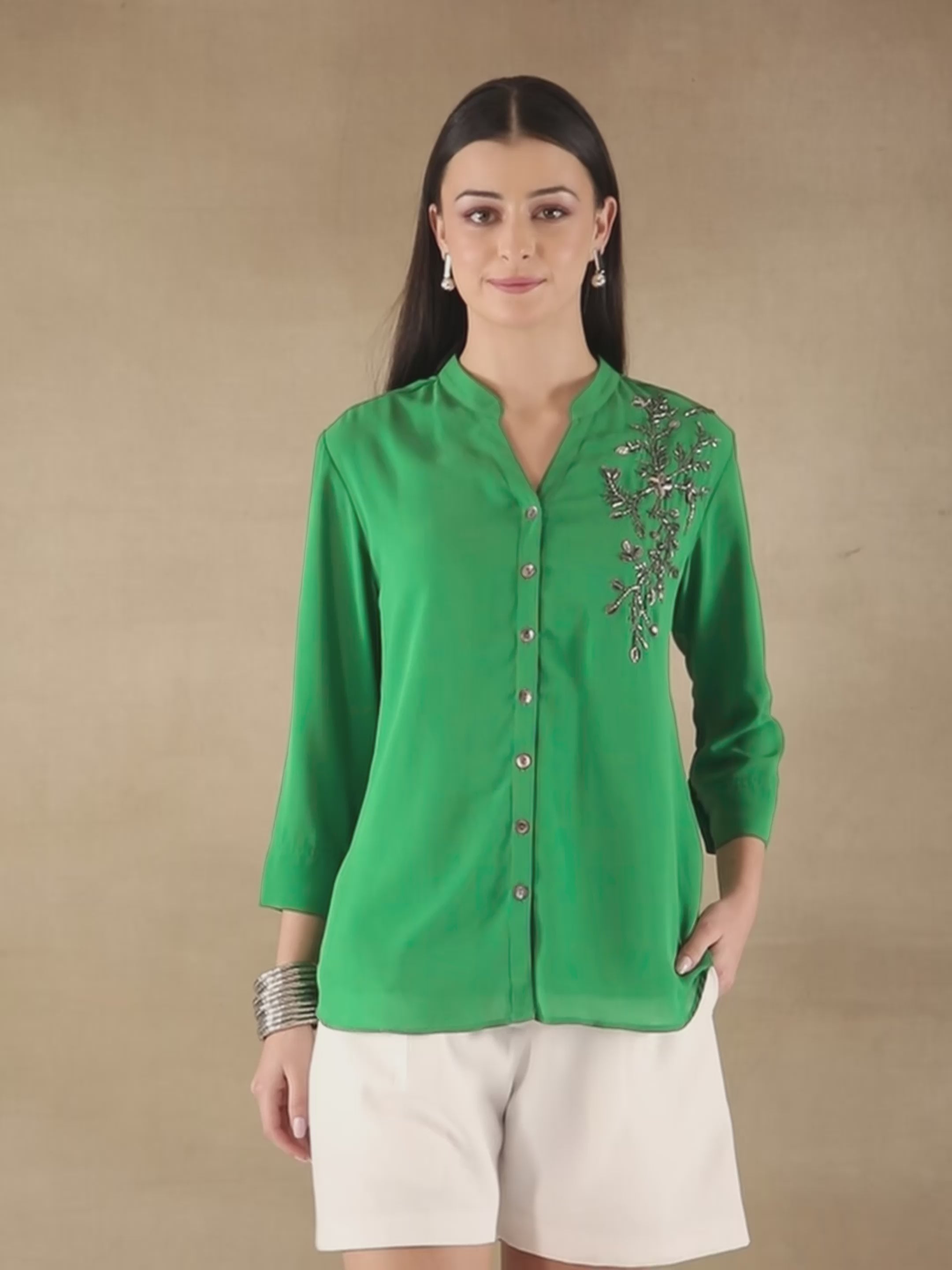 Fern Sequin Georgette Green Shirt
