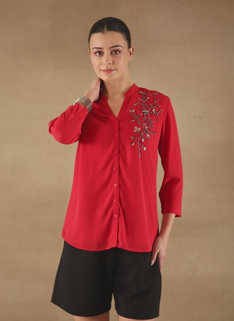 Fern Sequins Georgette Red Shirt