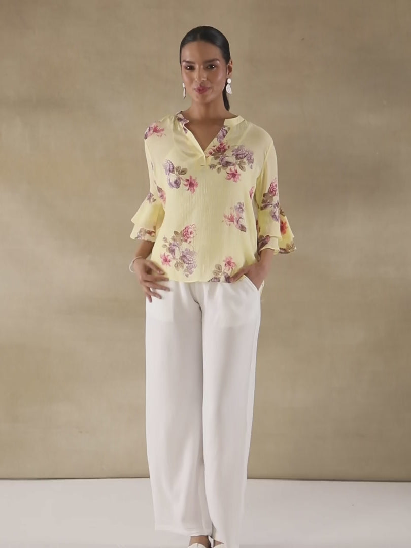 Butter Yellow Floral Printed Bell Sleeve Top
