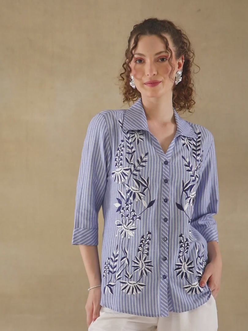 Embroidered Pinstripe Indigo Linen Shirt