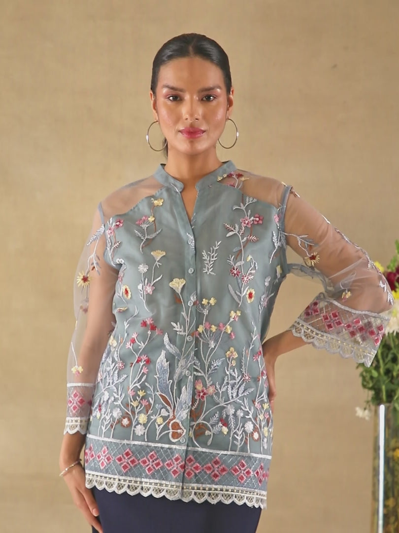 Blue Meadow Embroidered Sheer Shirt