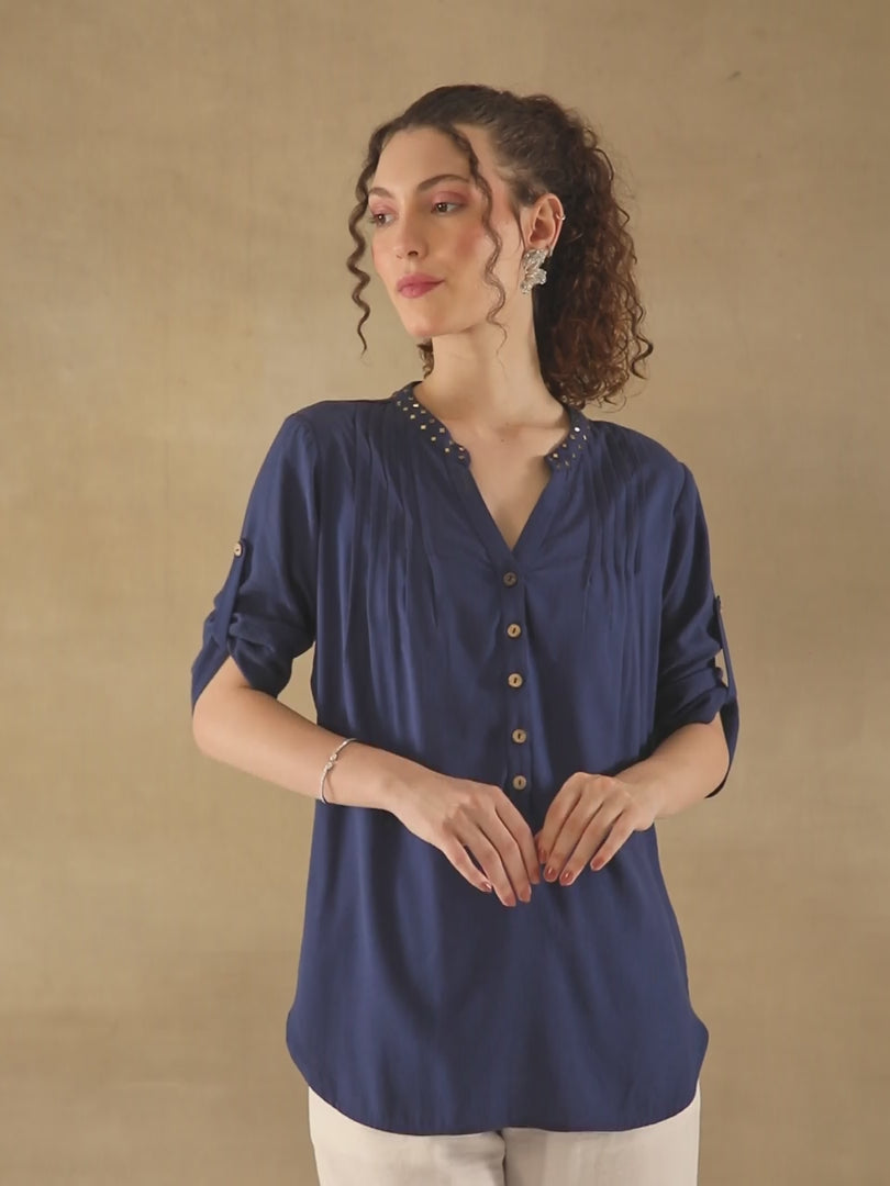 Rayon Slub Swarovski Navy Top